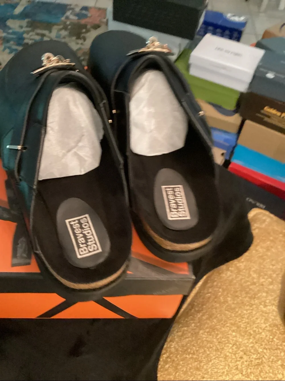 Bravest Studios Black Loafers with Gold Padlock Detail